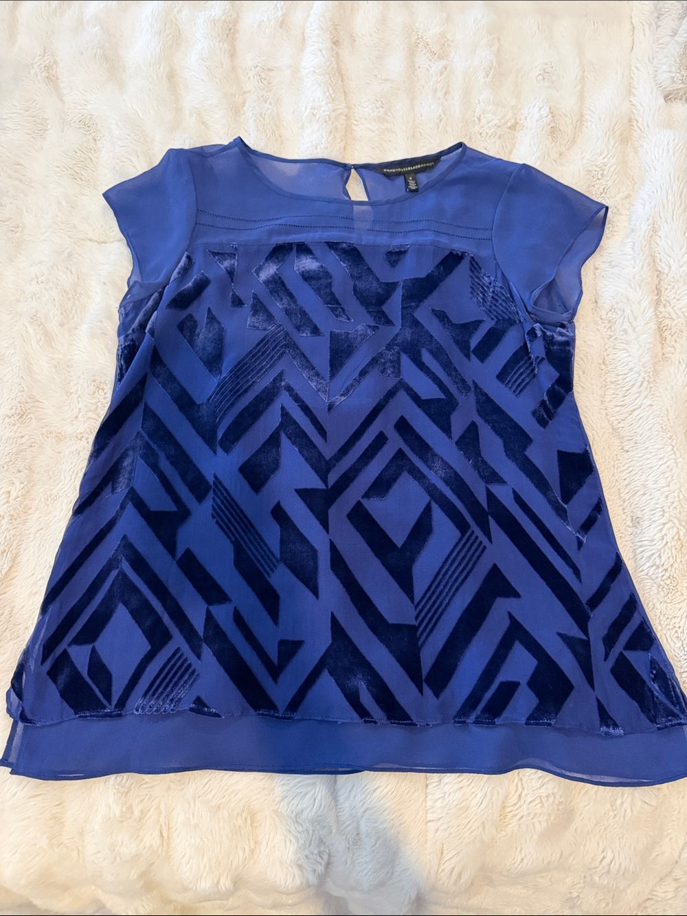 Blue Geometric Velvet-Detail Cap-Sleeve Top